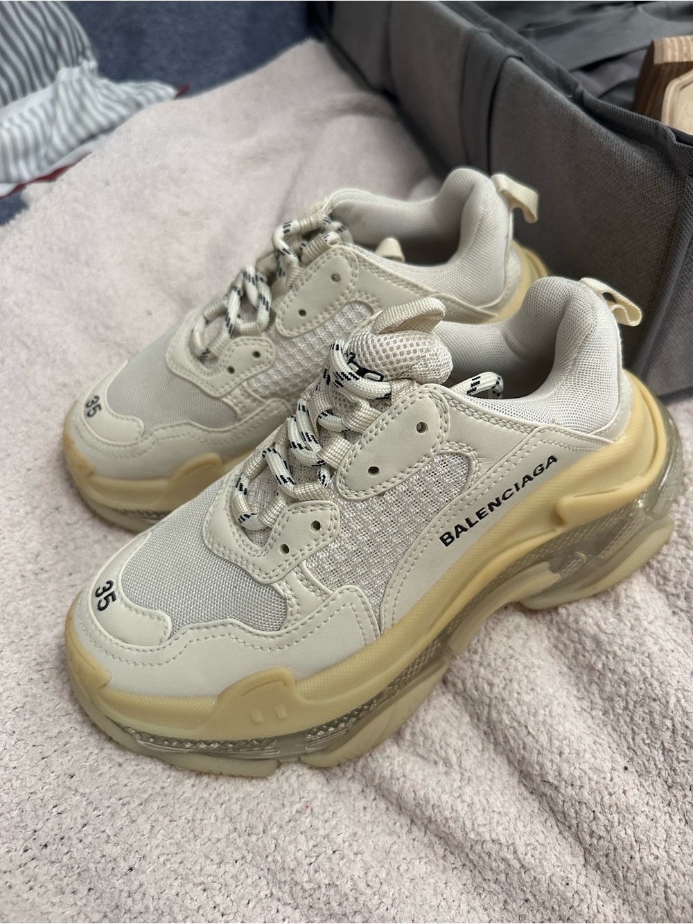Balenciaga Women's Off-White and Yellow-Tinted Triple S Chunky Sneaker